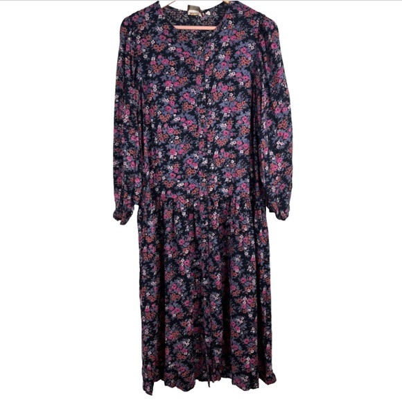 Vintage Komil Dark Floral Midi Dress L Prairie Long Sleeve Boho Cottage Pockets - Picture 1 of 12